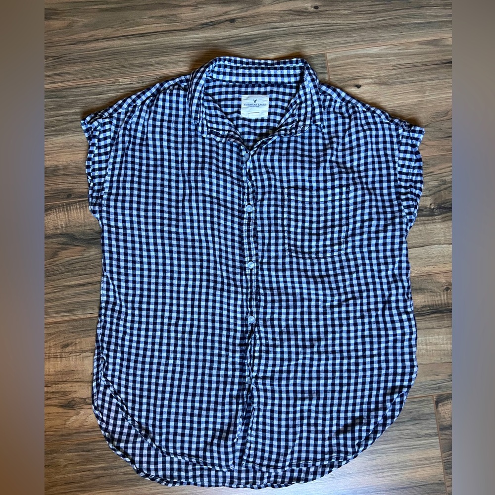 American Eagle S Navy Gingham Check plaid Top
